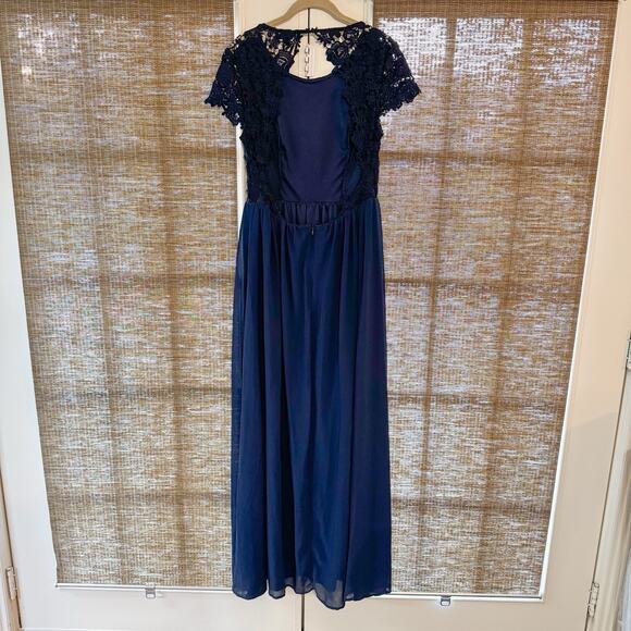 Lulus The Greatest Navy Blue Maxi Dress Open Back Chiffon Lace Size M Weddings - Picture 7 of 13